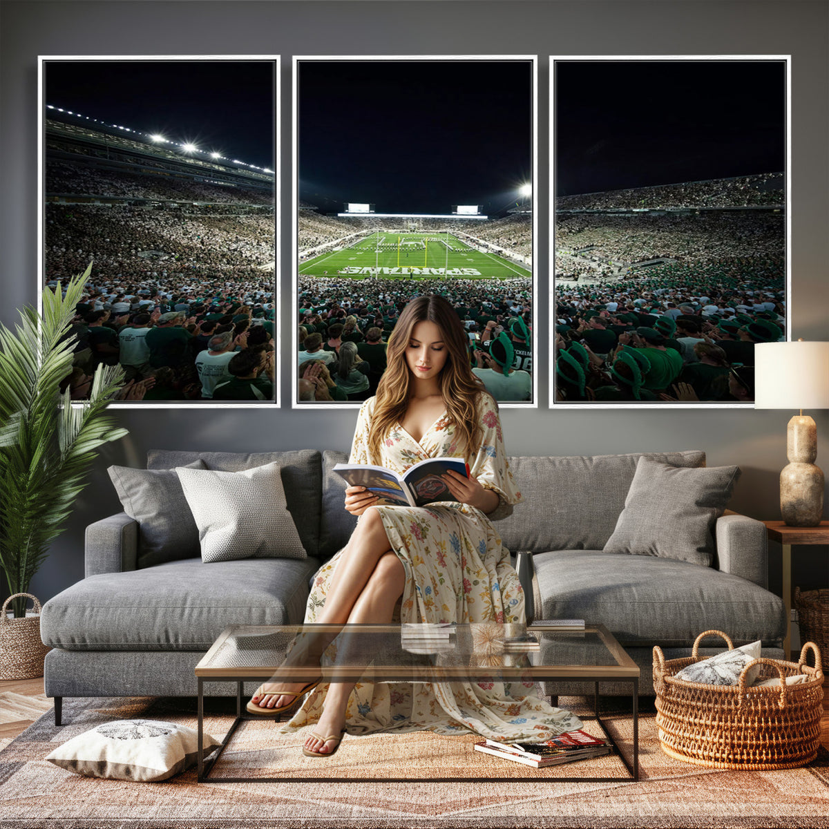 57523-PAN-FL-20X10 - Framed Michigan State Spartans Football Team Print - East Lansing Spartan Stadium Wall Art Canvas
