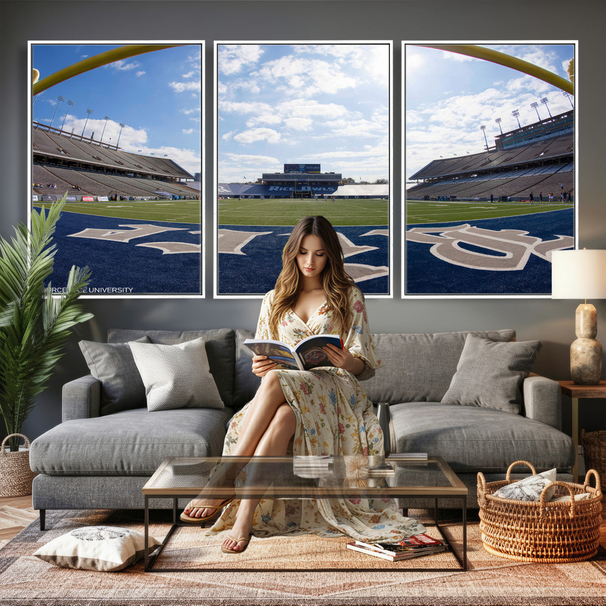 50267-MGV-CV-36X24 - Rice University Owls Football Team Print, Houston Rice Stadium, Framed and Ready to Hang