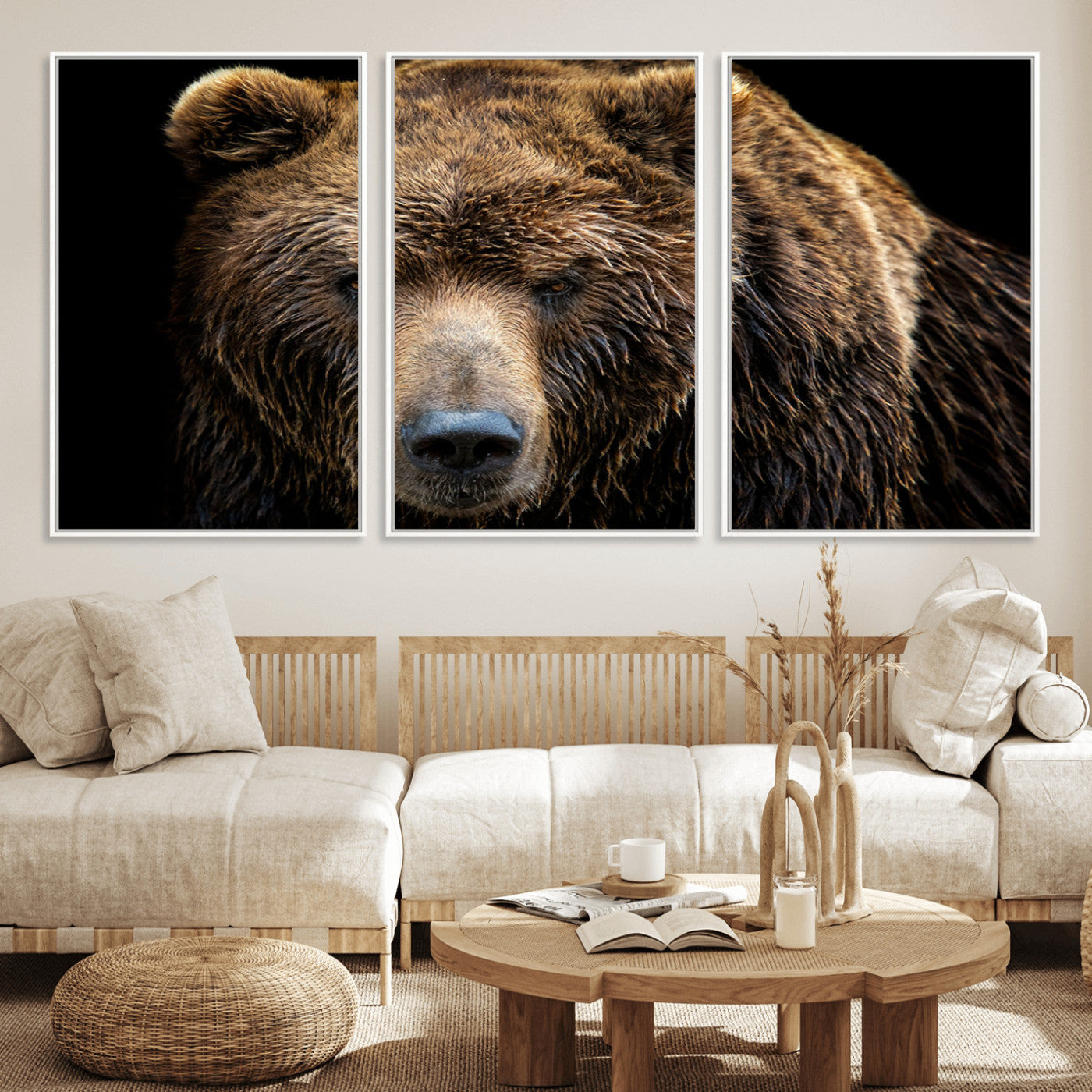 MGV-FC-60X30-3P - Grizzly Brown Bear Canvas Wall Art, Wildlife Animal Canvas Artwork Bear Print, Bear Wall Art Print,