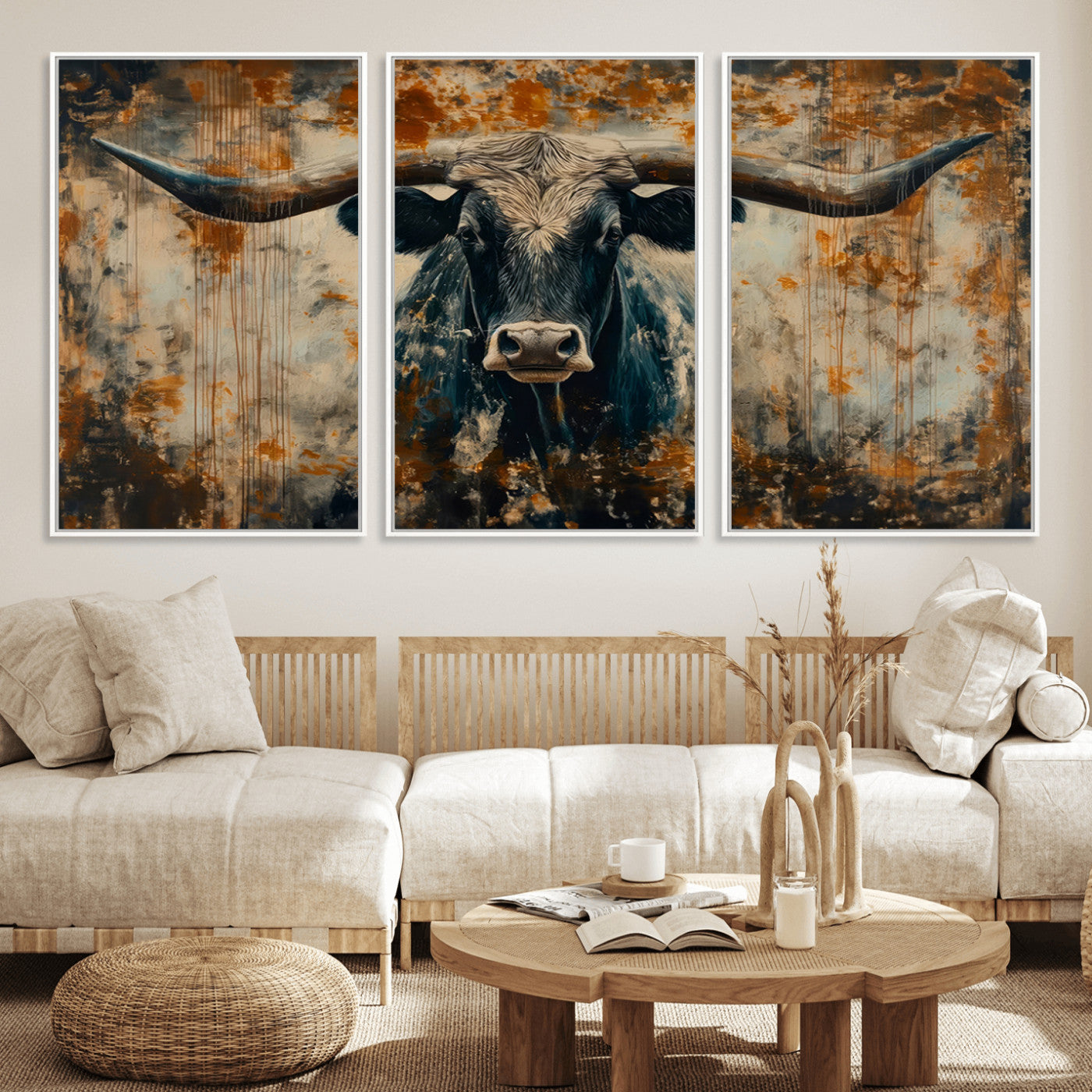 MGV-FC-60X30-3P - Abstract Longhorn Bull Wall Art | Rustic Western Wall Decor | Framed and Ready to Hang | Ideal for