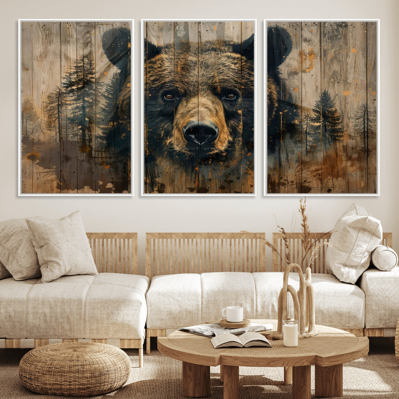 MGV-FC-60X30-3P - Abstract 399 Bear Wall Art | Rustic Cabin Wall Decor with Forest Design | Framed and Ready to Hang |