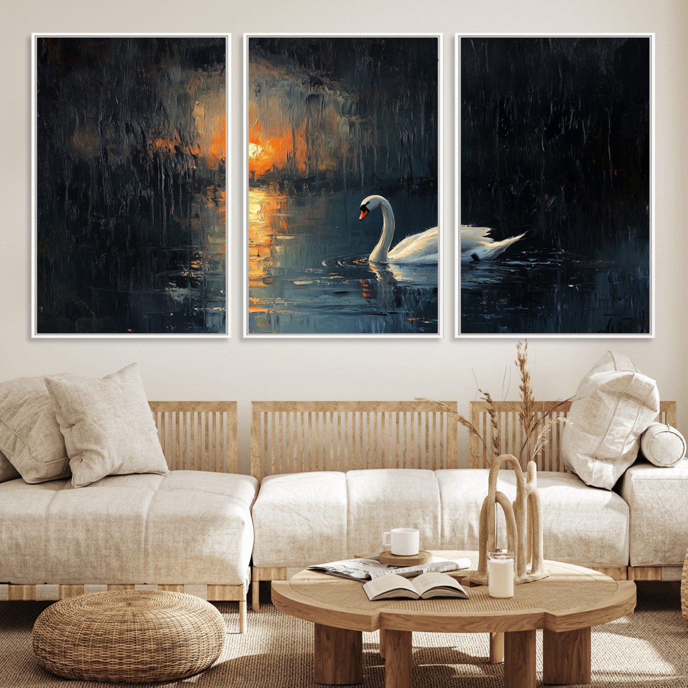 MGV-FC-60X30-3P - Abstract Swan on Water Wall Art Canvas Print - Elegant Nature Scene for Modern Home Decor