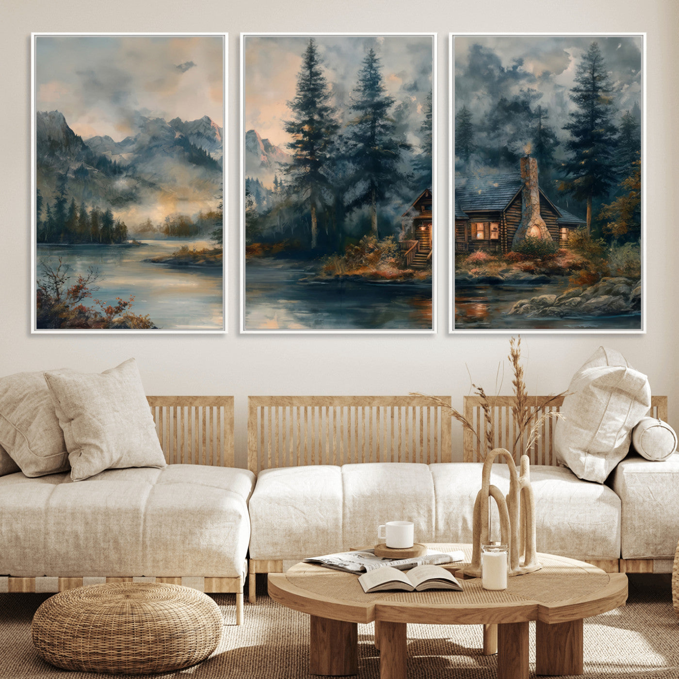 MGV-FC-60X30-3P - Rustic Cabin Woods Wall Art Print | Lake in a Forest Canvas Print | Cabin, Lodge, and Farmhouse