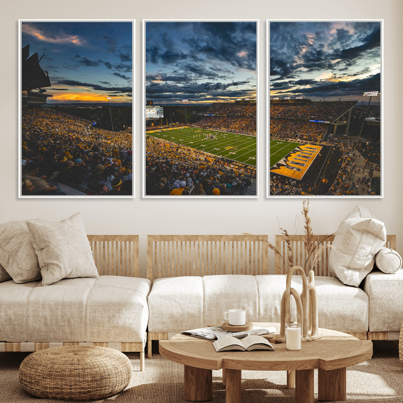 MGV-FC-60X30-3P - University of Wyoming Cowboys Football Team Print - Laramie War Memorial Stadium Wall Art Canvas