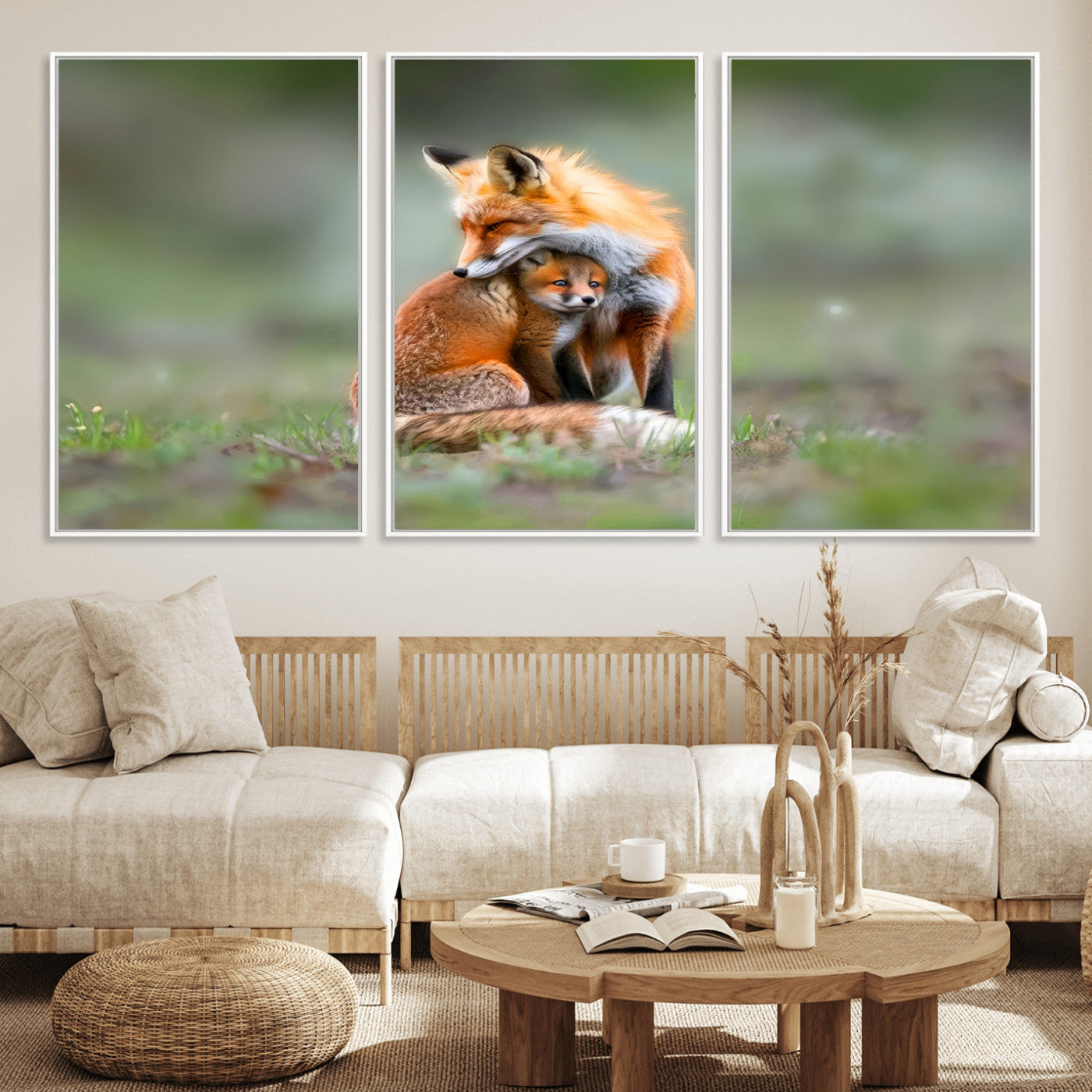 MGV-FC-60X30-3P - Heartwarming Fox and Baby Cub Wall Art | Ready to Hang Canvas Print of Foxes in Nature | Perfect for