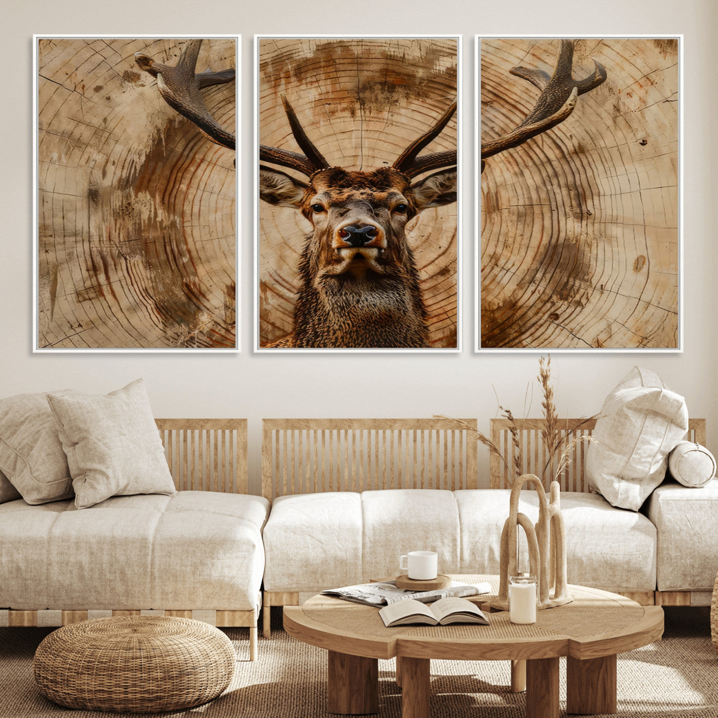 MGV-FC-60X30-3P - Wood Abstract Deer Wall Art | Rustic Wildlife Canvas Print | Ready to Hang Stag Head Triptych for