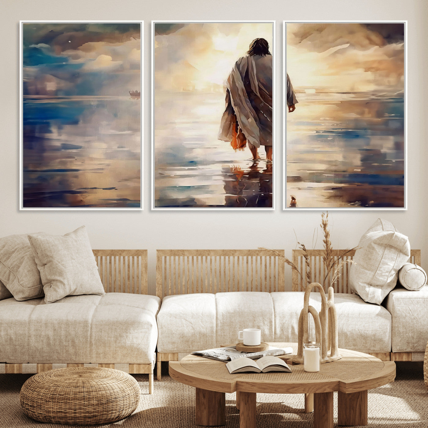 MGV-FC-60X30-3P - Jesus Walking on Water Wall Art | Ready to Hang Spiritual Triptych Canvas Print | Inspirational