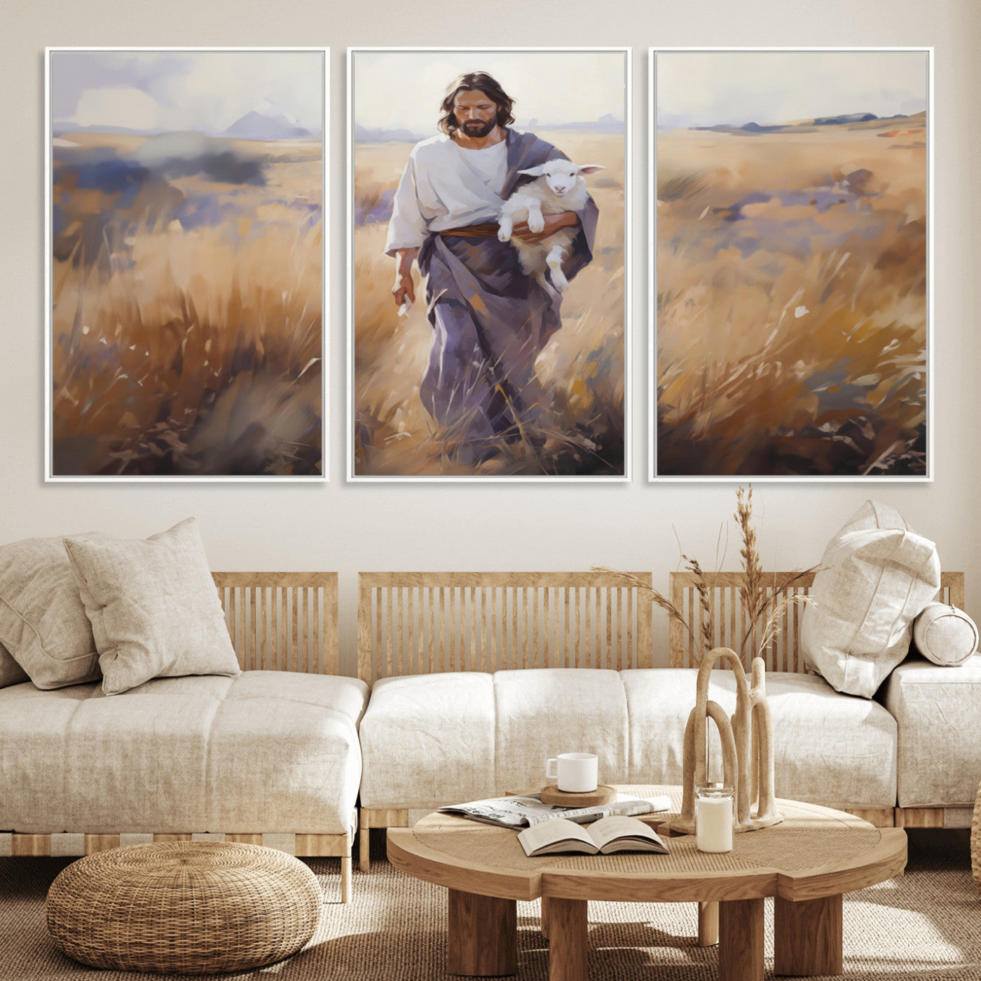 MGV-FC-60X30-3P - Jesus the Good Shepherd Wall Art Canvas Print - Lost Lamb Print for Prayer Room Decor
