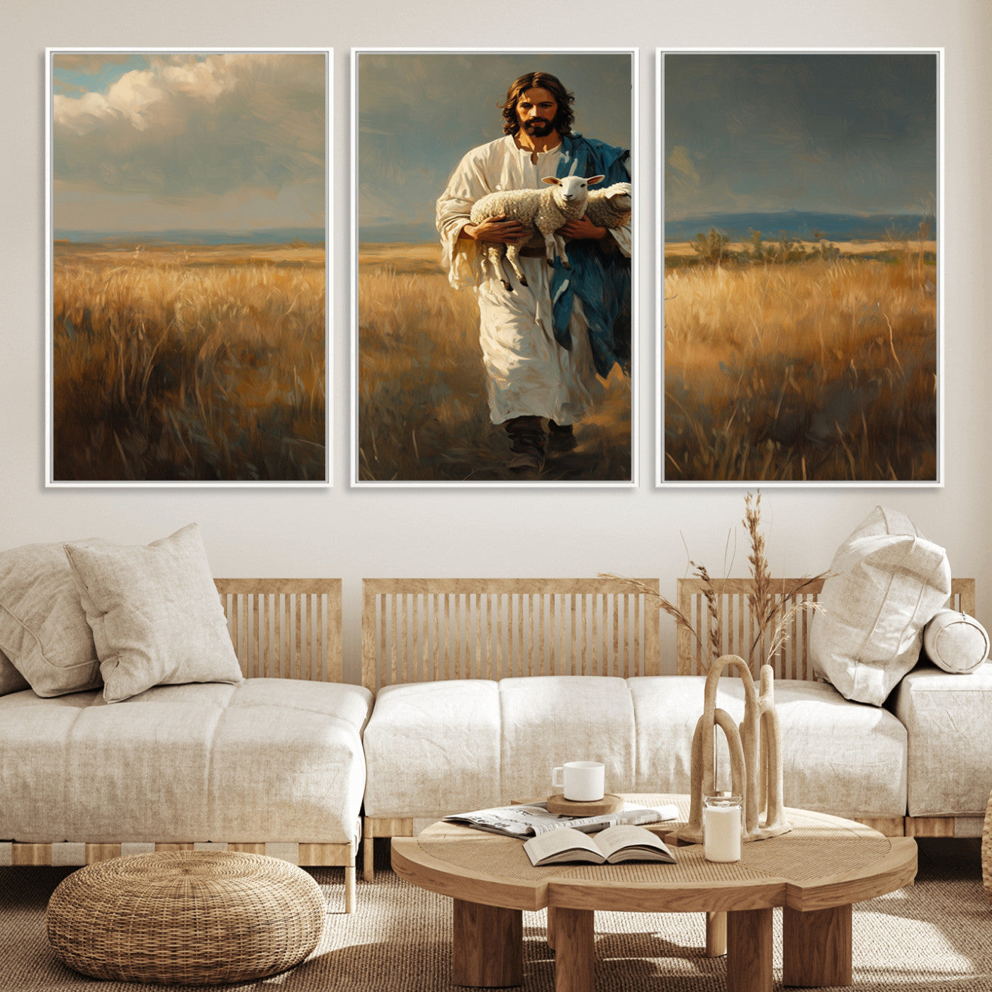 MGV-FC-60X30-3P - Jesus Shepherd Wall Art | Ready to Hang Triptych Canvas of Jesus Holding a Lamb in a Field |