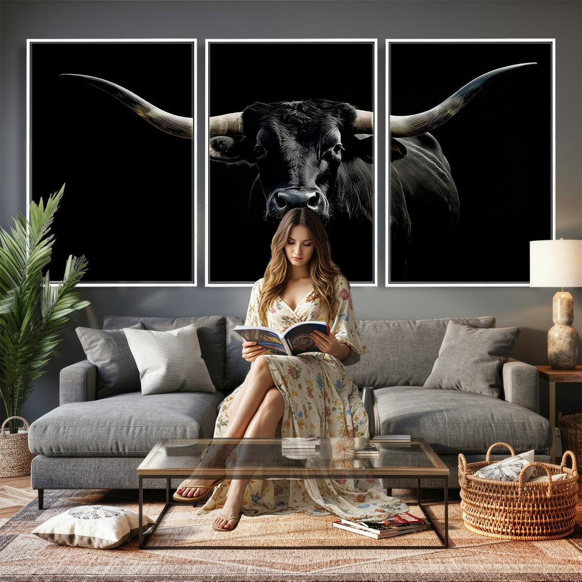 20679-MGV-CV-24X16 - Texas Black Longhorn Bull Wall Art Canvas Print, Western Cattle Rustic Decor