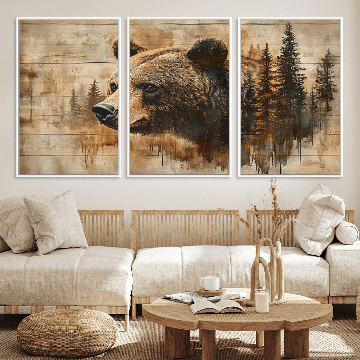 MGV-FC-60X30-3P - Rustic Grizzly Bear Wall Art, Abstract Grizzly 399 Bear Wall Art Canvas Print - Woodland Wildlife