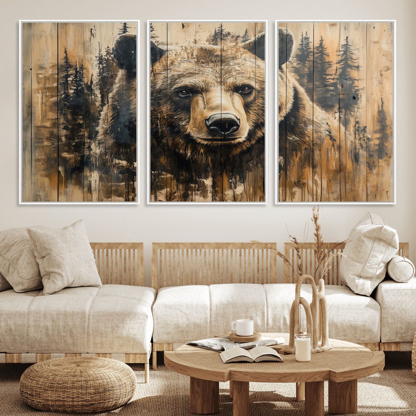 MGV-FC-60X30-3P - Majestic Grizzly 399 Bear Wall Art | 3-Panel Rustic Canvas Print for Living Room, Office, or Cabin