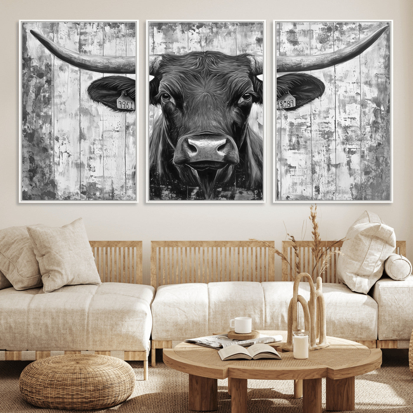MGV-FC-60X30-3P - Abstract Longhorn Bull Wall Art Canvas Print - Rustic Texas Western Cow Artwork