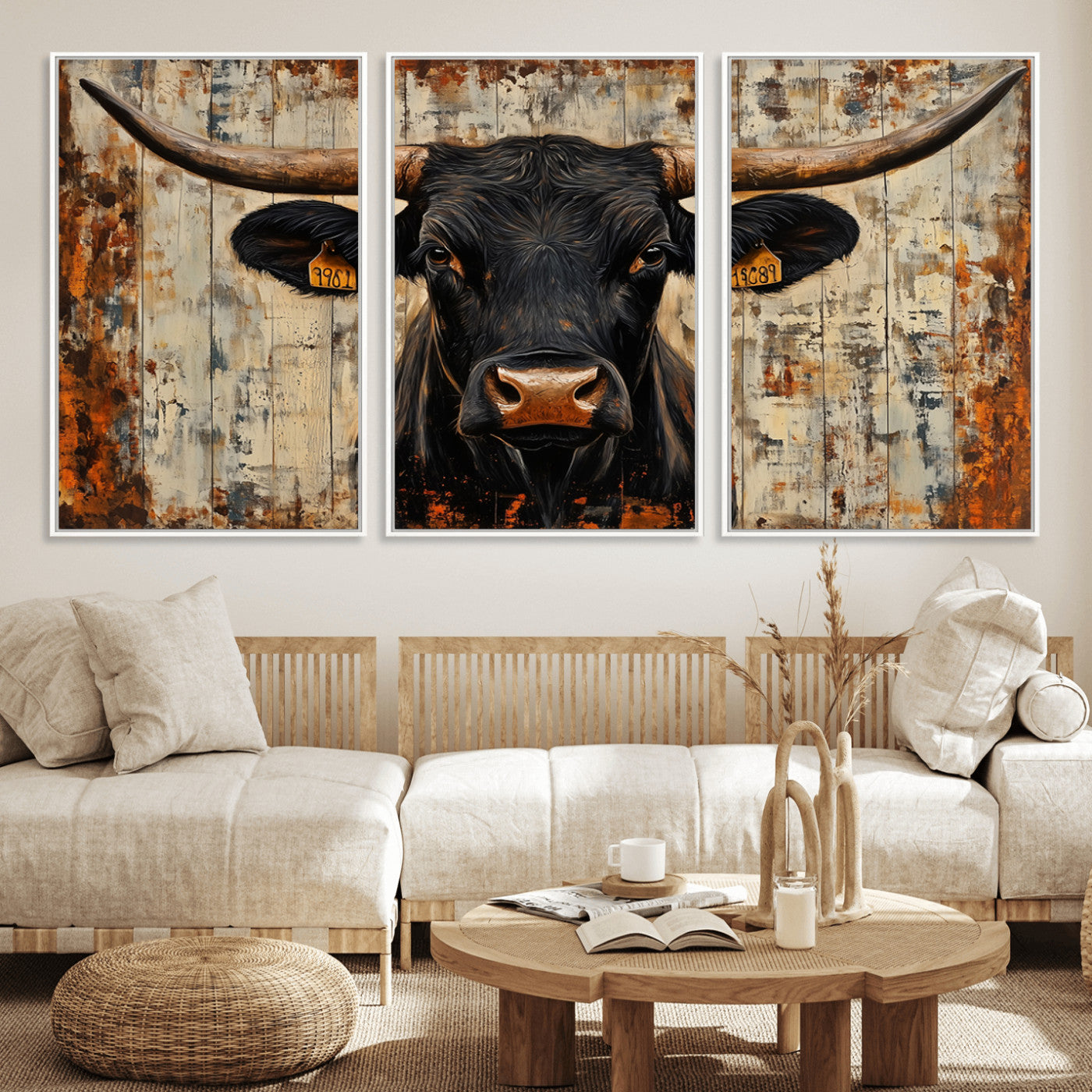 MGV-FC-60X30-3P - Rustic Texas Artwork Wall Art Canvas Print - Abstract Cow Longhorn Bull Wall Art Canvas Print
