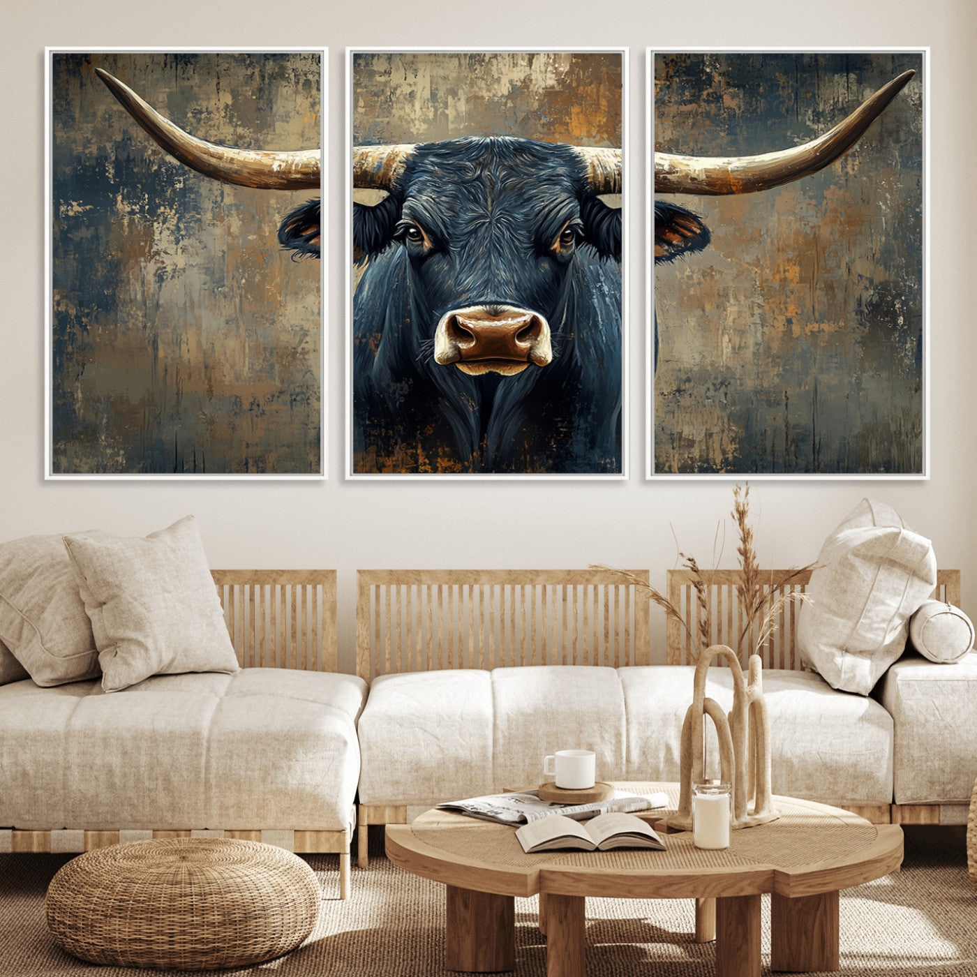 MGV-FC-60X30-3P - Texas Western Wall Art Canvas Print - Abstract Cow Longhorn Bull Wall Art Canvas Print - Rustic Cow