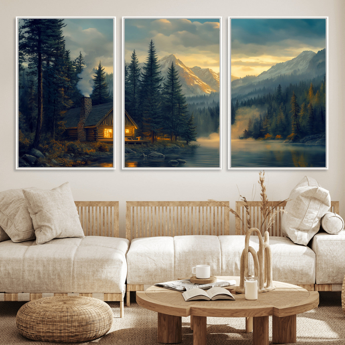 MGV-FC-60X30-3P - Mountain Cabin by the Lake at Sunset Wall Art - Serene Nature Canvas Print for Living Room Decor,