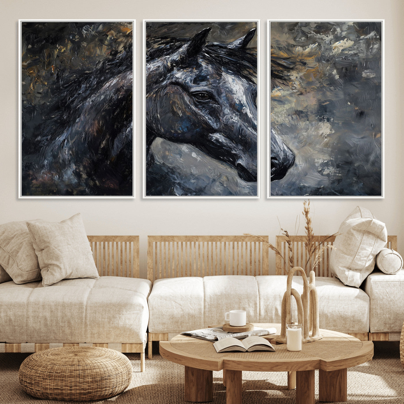MGV-FC-60X30-3P - Large Abstract Horse Wall Art Canvas Print | Farmhouse Wall Decor | Rustic Horse Art | Western Cabin