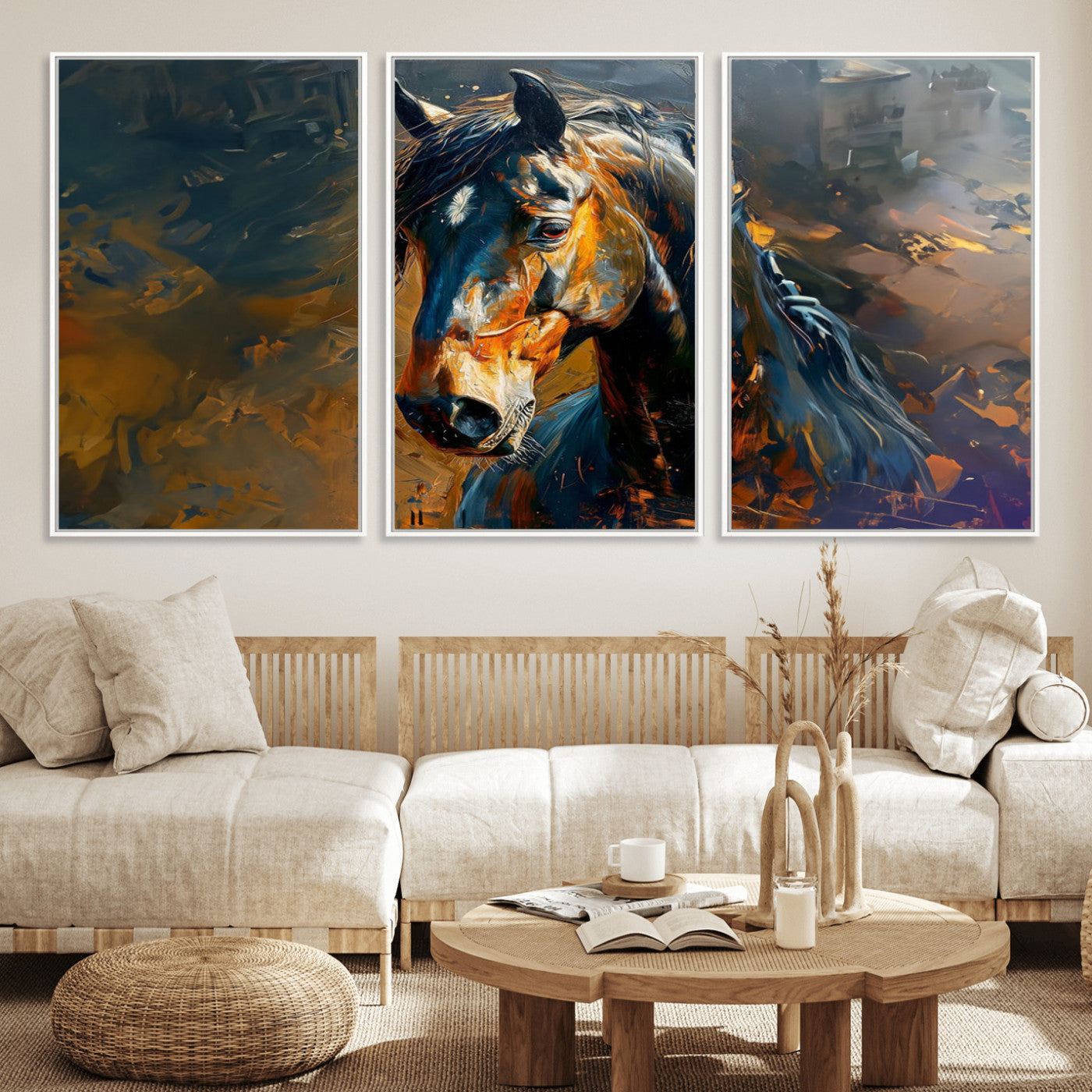 MGV-FC-60X30-3P - Abstract Horse Wall Art Canvas Print | Farmhouse Wall Decor | Western Cabin Art | Rustic Horse Decor