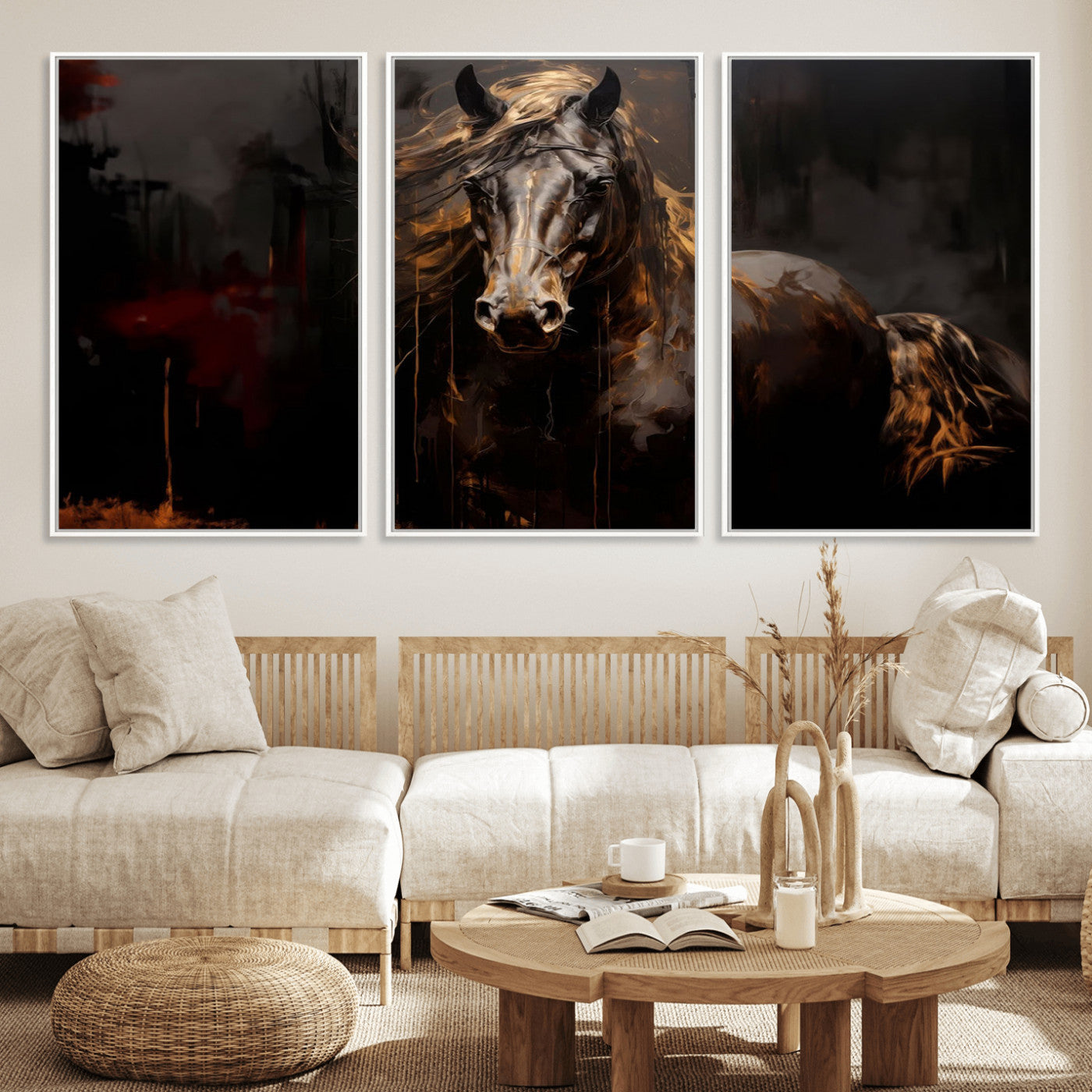 MGV-FC-60X30-3P - Abstract Black Horse Canvas Print for Farmhouse Wall Art | Abstract Equine Wall Art | Western Decor