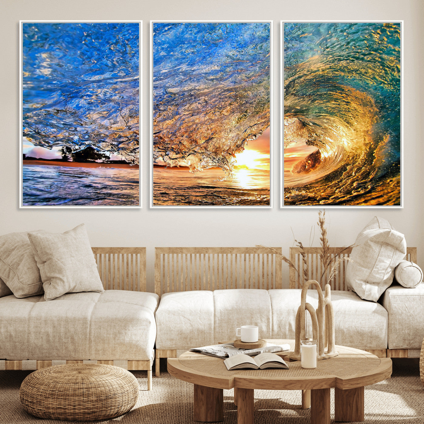 MGV-FC-60X30-3P - Ocean Wave at Sunset Canvas Wall Art – Vibrant Coastal Beach Waves Print, Large Nautical Decor,
