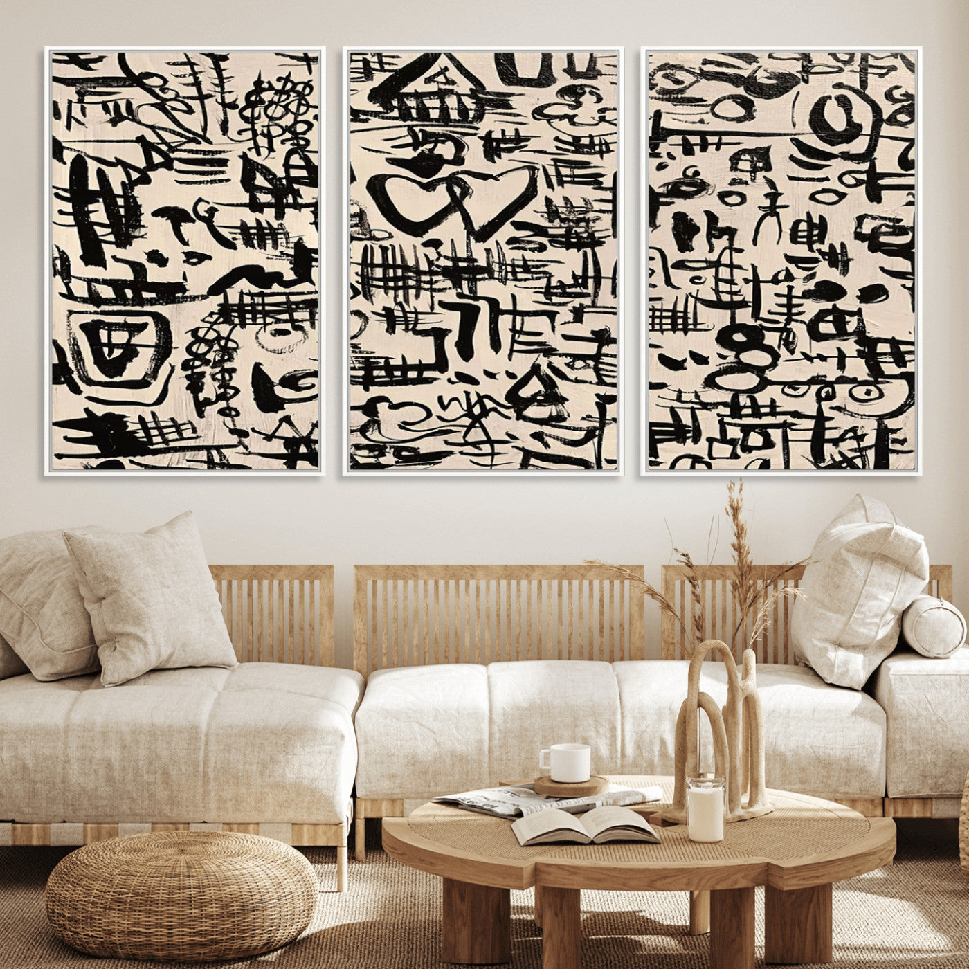 68273-MGV-FC-60X30-3P - Abstract Love and Chaos Canvas Print, Black Symbols on Beige