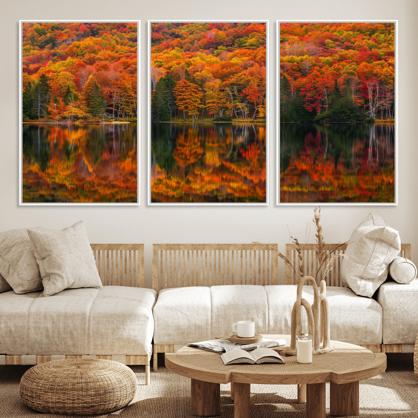 MGV-FC-60X30-3P - Fall Foliage Wall Art - Autumn Reflection Canvas Print, Stunning Fall Foliage Wall Art, Serene Lake