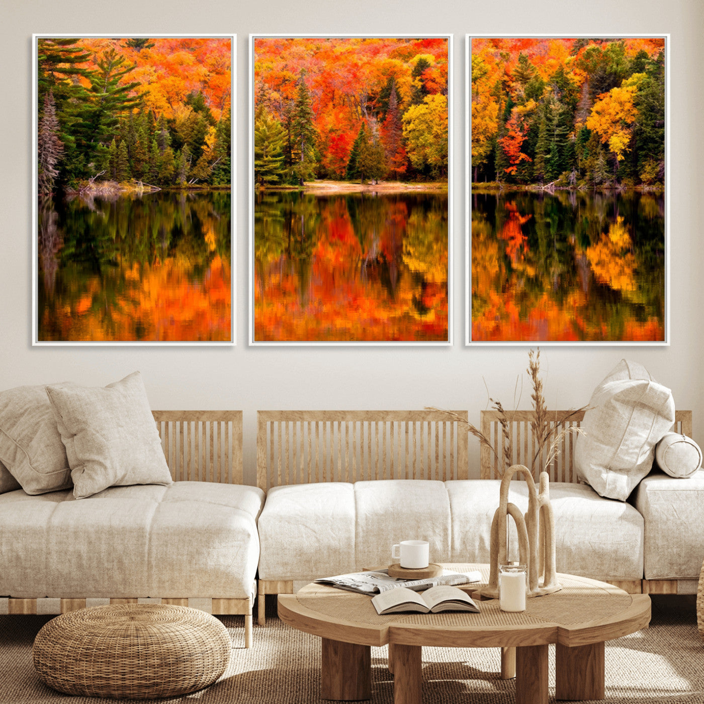 MGV-FC-60X30-3P - Forest Reflection Art | Autumn Forest Reflection Wall Art | Triptych Canvas Print | Vibrant Fall