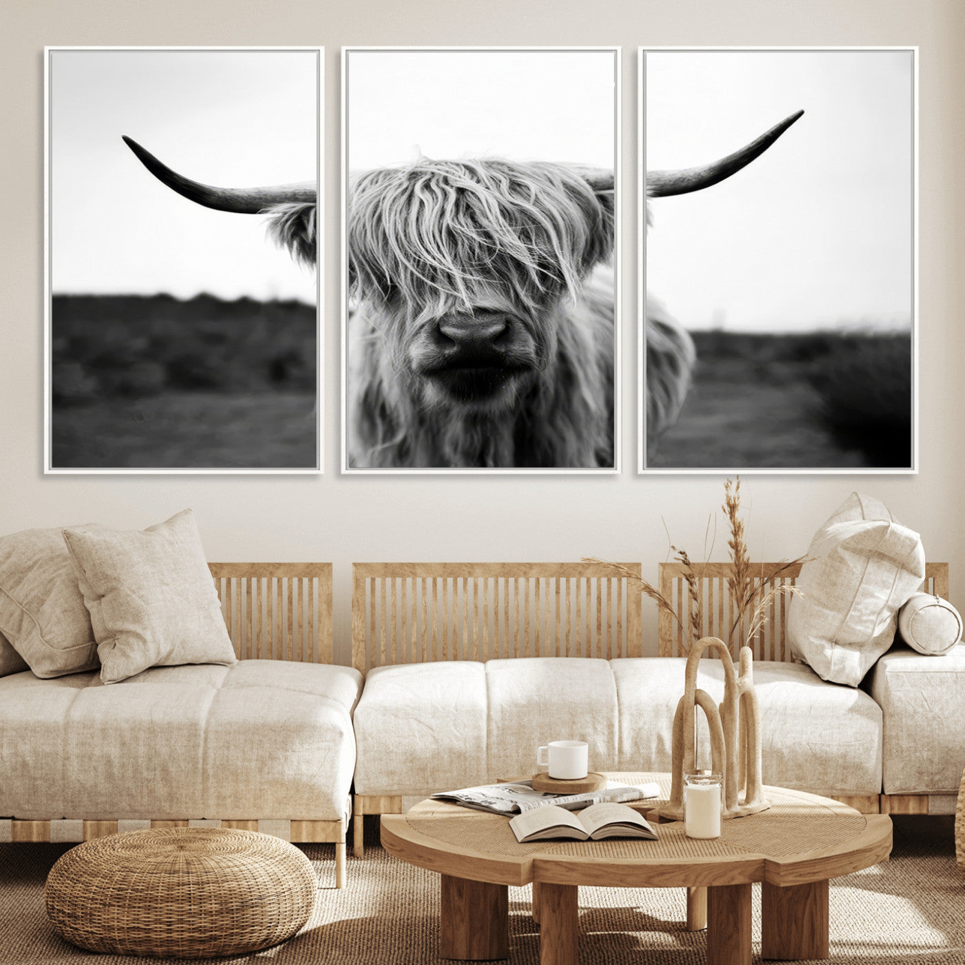 MGV-FC-60X30-3P - Highland Cow Wall Art | Black and White Farmhouse Decor | Triptych Canvas Print | Rustic Barn Decor