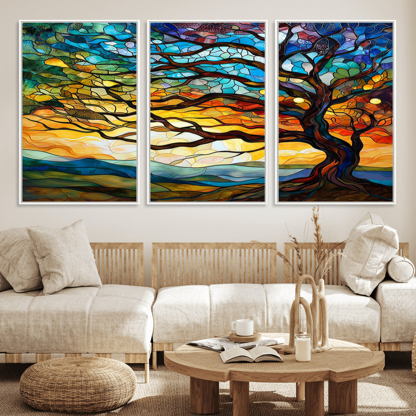 MGV-FC-60X30-3P - Vibrant Mosaic Tree of Life Wall Art | Stained Glass Style Canvas Print | Ready to Hang Artistic