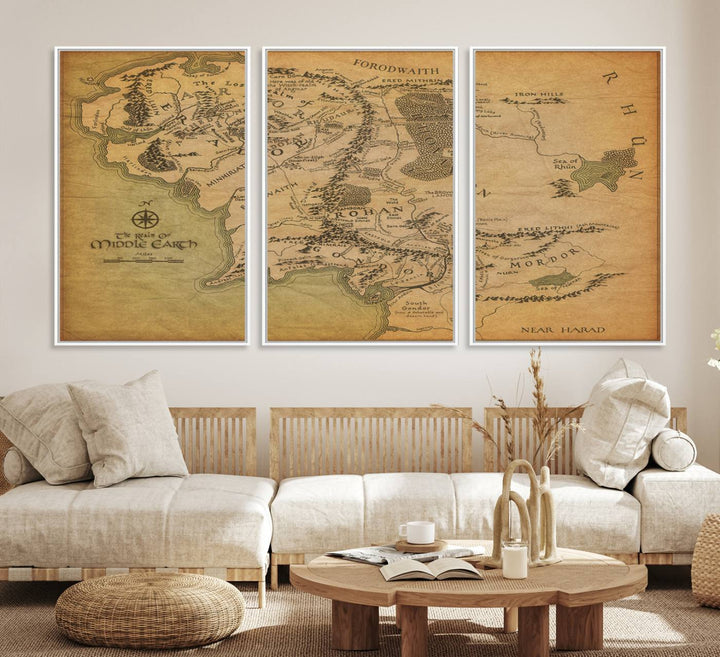 Vintage J.R.R. Tolkien Middle-Earth Map 3 Panel Canvas, perfect as wall art for home or office decor.