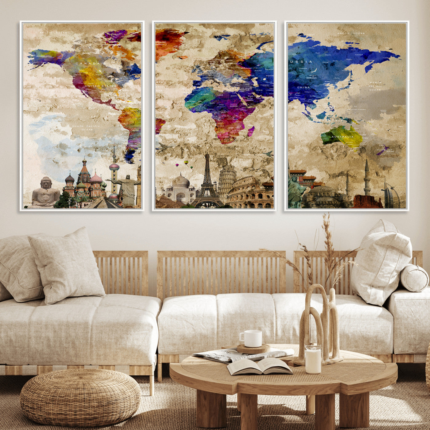 MGV-FC-60X30-3P - Push Pin World Map Canvas Print – Framed Wall Art for Couples to Track Their Travels – Anniversary