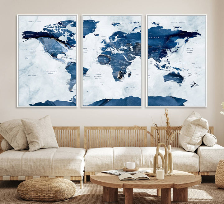 Navy Blue World Map with Antarctica Canvas: A perfect abstract home decor piece featuring a grunge-stained background.