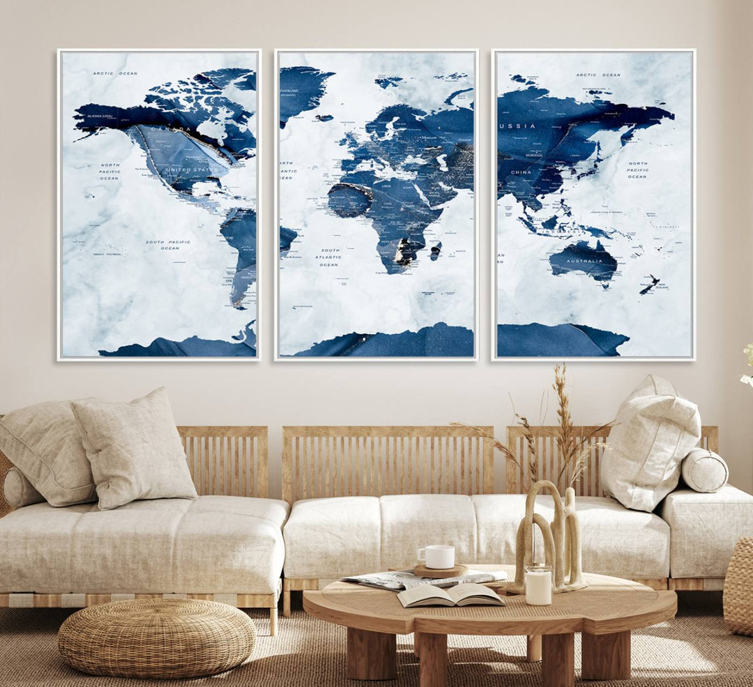 Blue and white watercolor World Map Wall Art Canvas Print, perfect for enhancing decor.