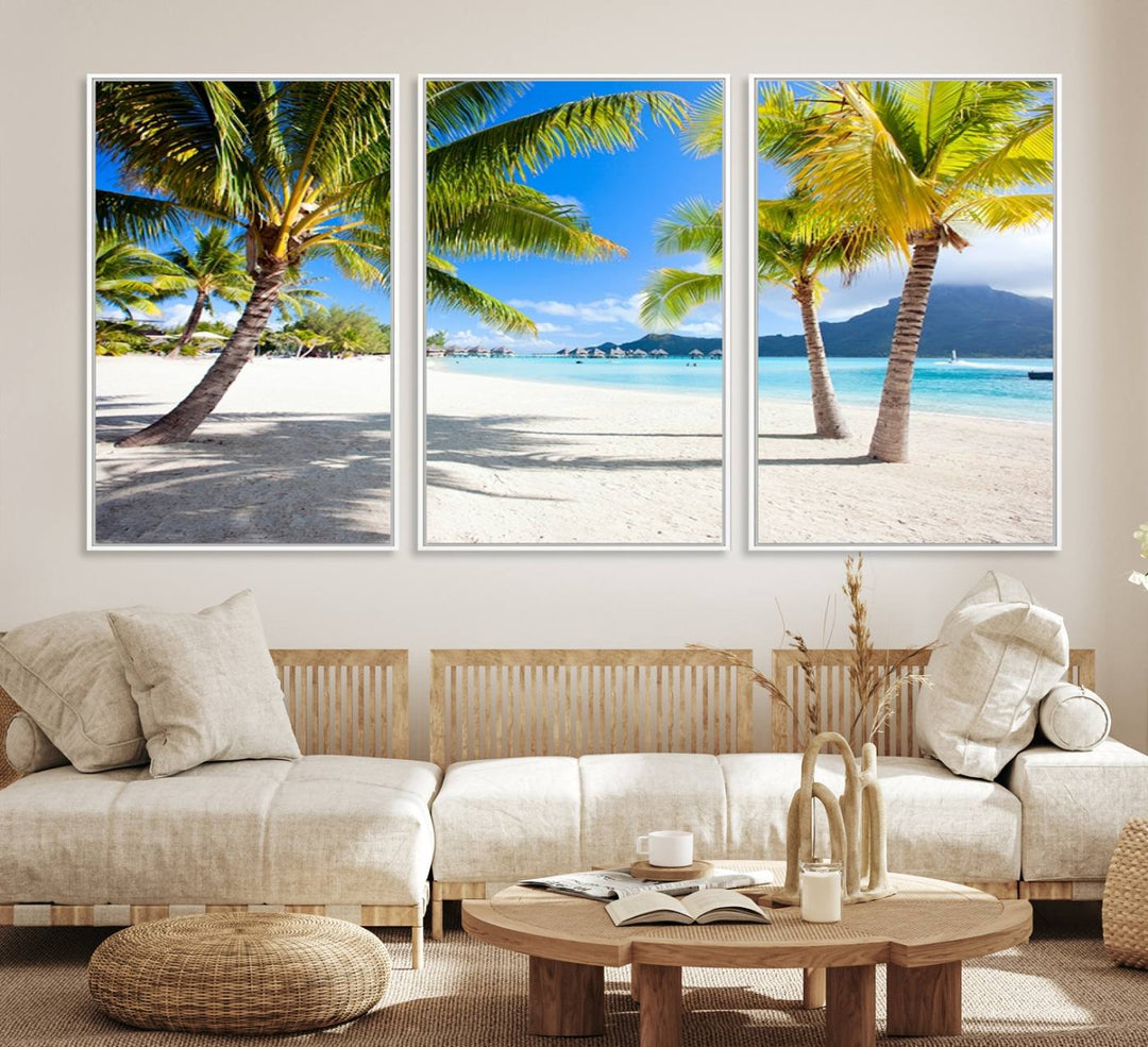 Blue Beach and Sea Wall Art Canvas Print: showcases a tropical scene with palm trees, white sand, and turquoise water.