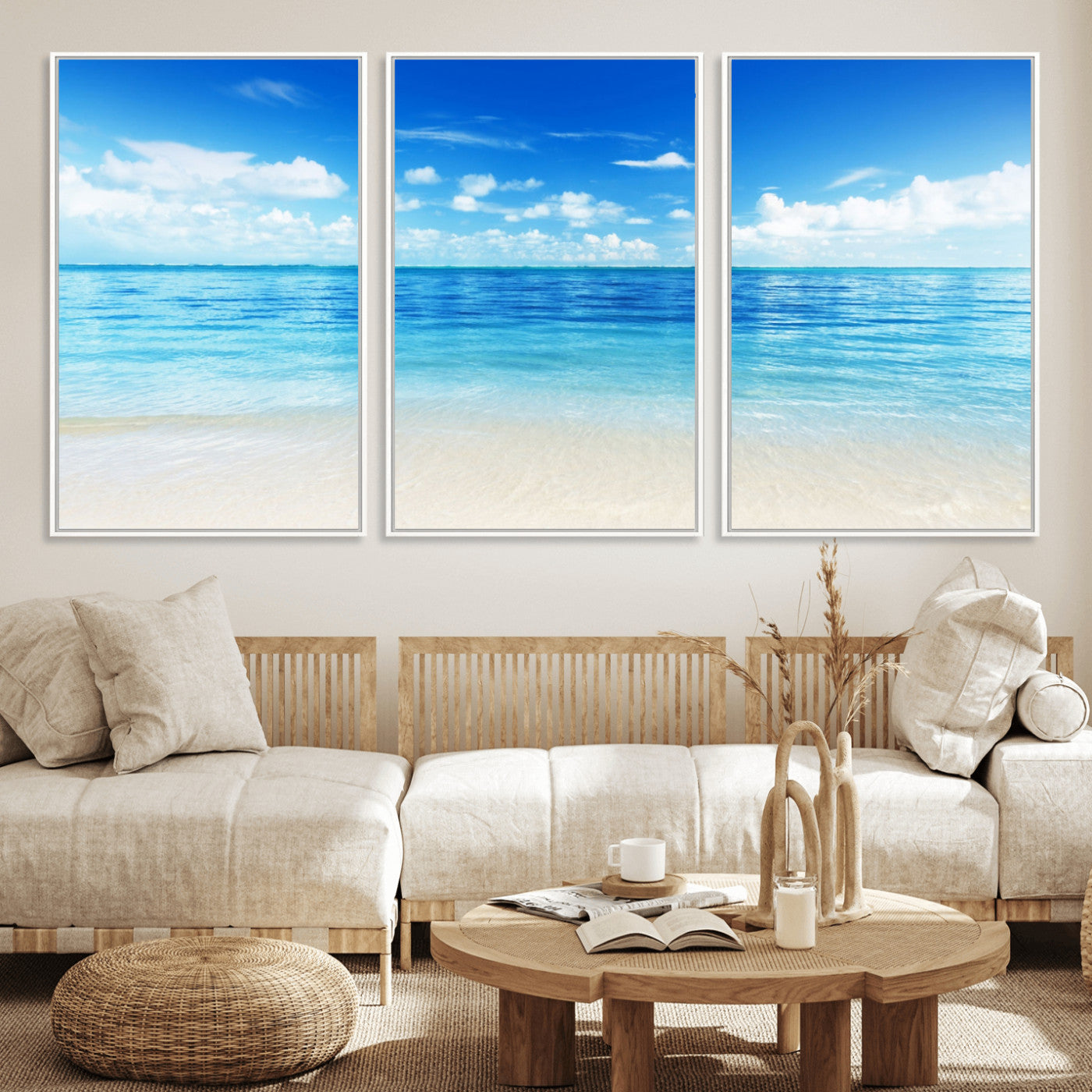 MGV-FC-60X30-3P - Beach Scene Canvas Wall Art Print – Tranquil Ocean Horizon and White Sand Beach Wall Decor for Home