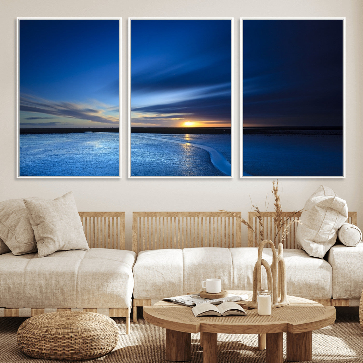 MGV-FC-60X30-3P - Blue Sunset Ocean Canvas Wall Art Print – Serene Coastal Horizon Wall Decor for Home or Office –