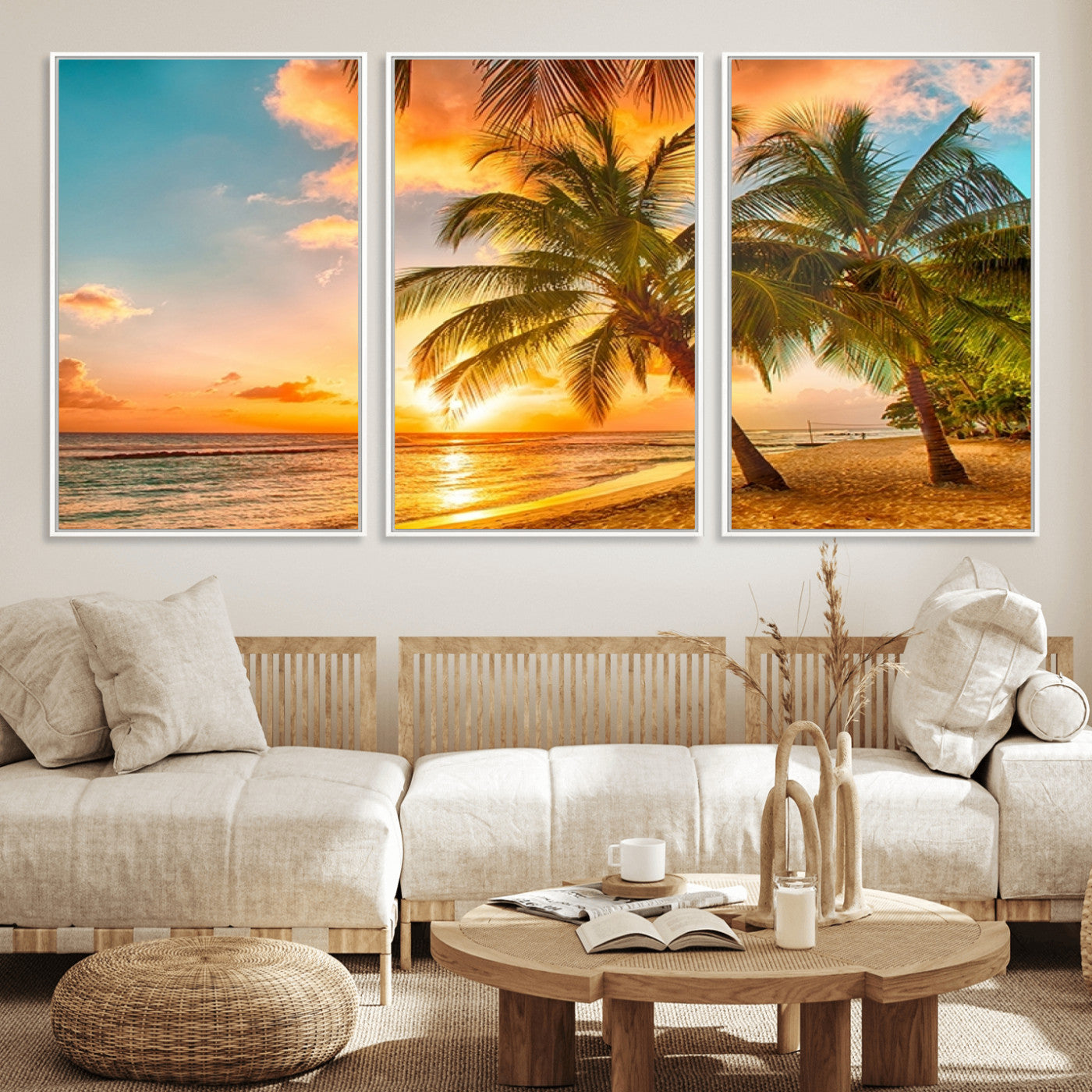 MGV-FC-60X30-3P - Tropical Sunset Beach Canvas Wall Art Print – Vibrant Palm Trees and Coastal Sunset Wall Decor for