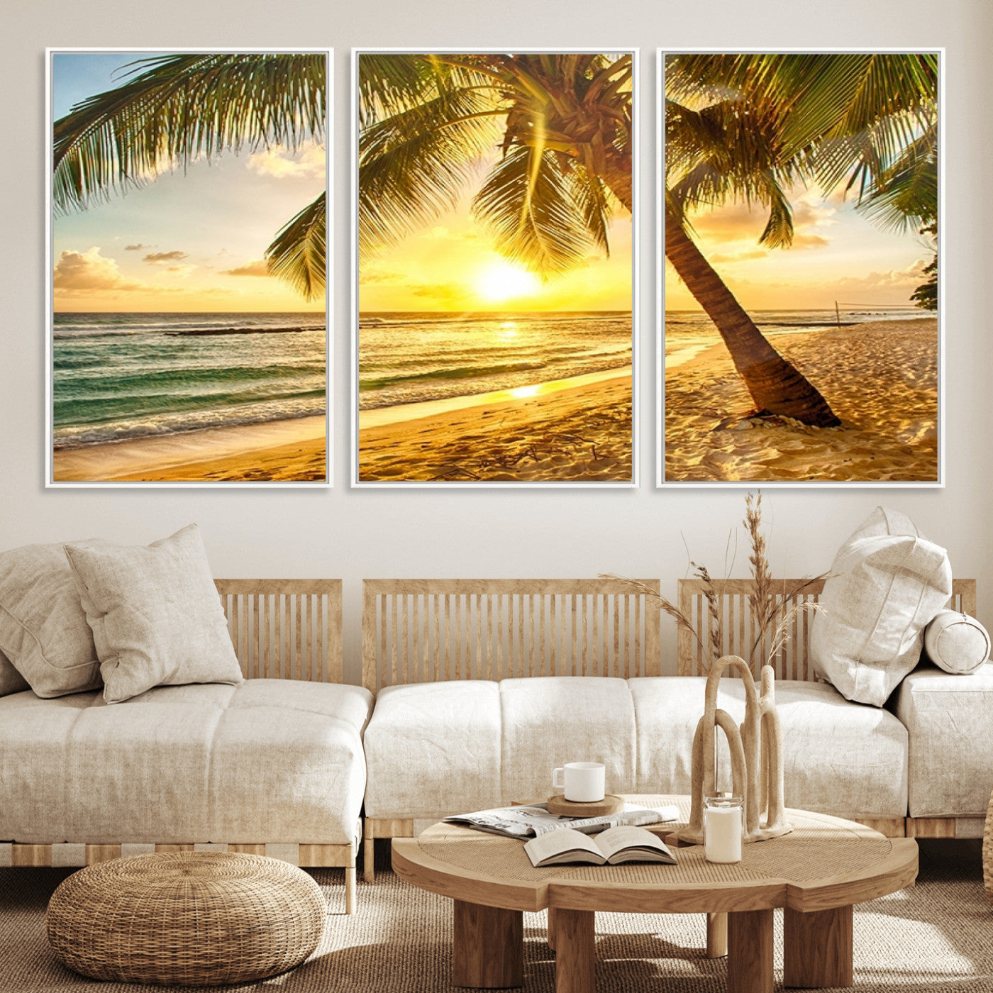 MGV-FC-60X30-3P - Beach Sunset Canvas Wall Art Print - Tropical Beach Canvas Wall Art Print – Vibrant Palm Trees and