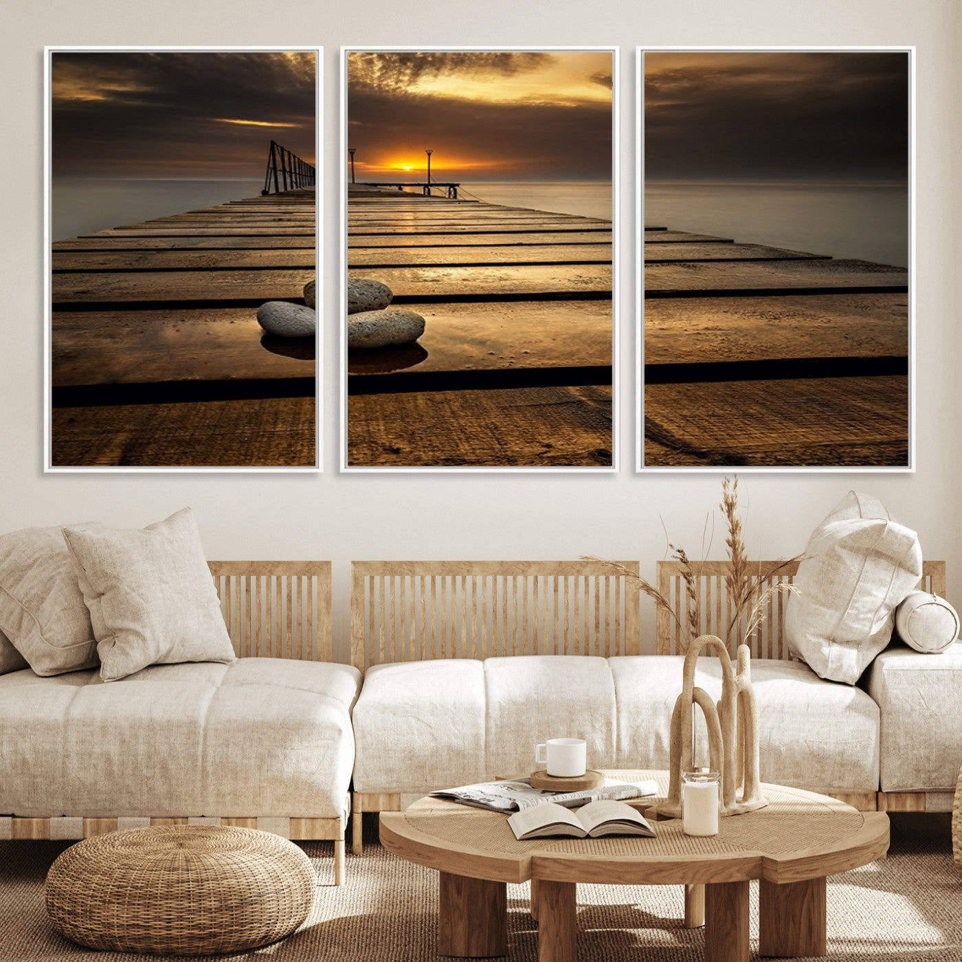 MGV-FC-60X30-3P - Stones on Wooden Pier at Sunset Canvas Print, Serene Coastal Wall Art, Beach Sunset Photography,