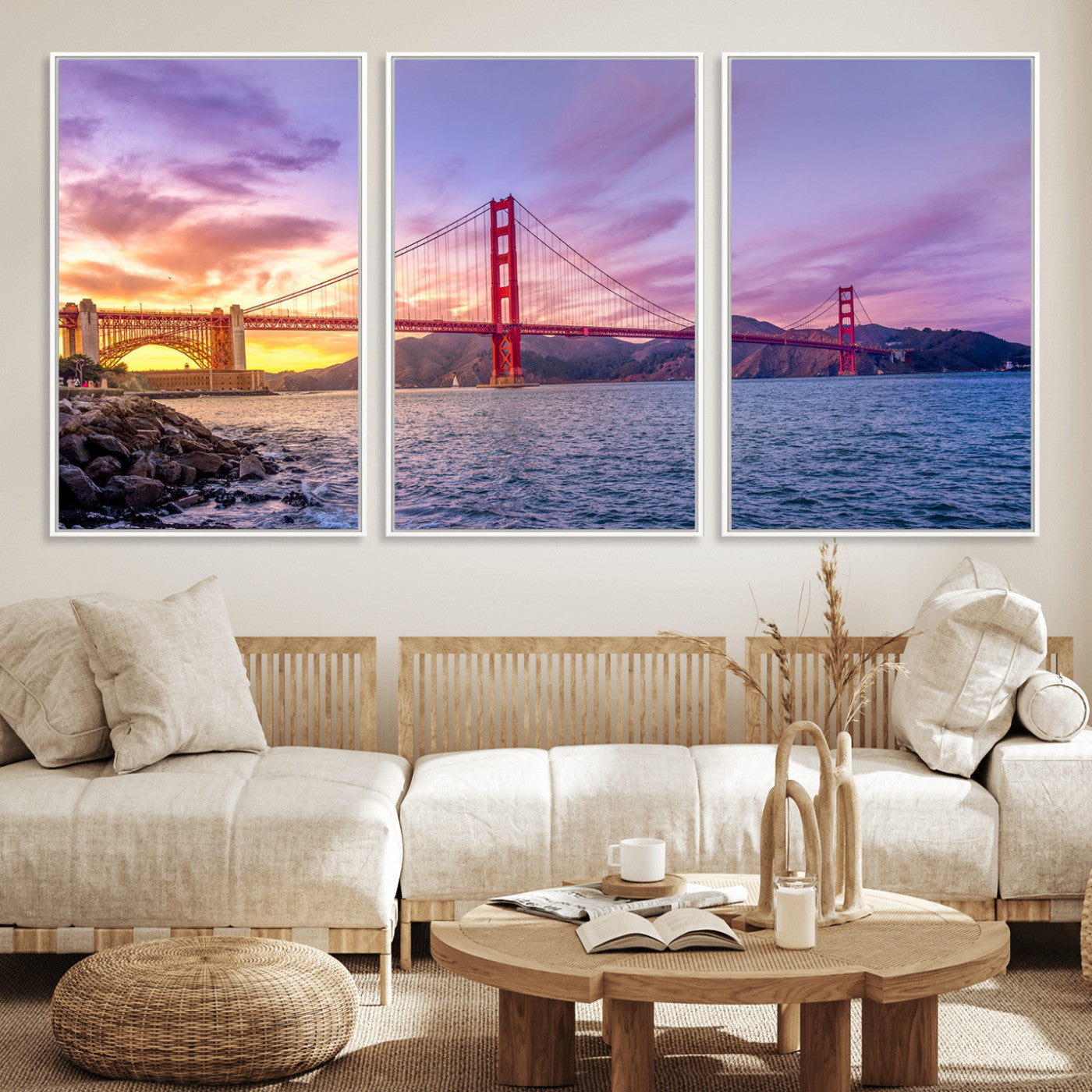 MGV-FC-60X30-3P - Golden Gate Bridge Wall Art Print, San Francisco Sunset Canvas Wall Art, Cityscape Canvas Print for