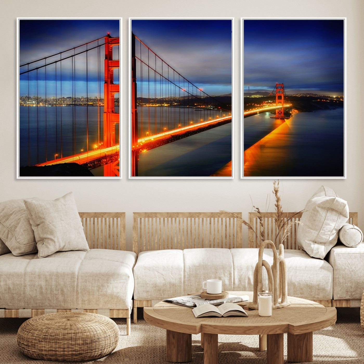 MGV-FC-60X30-3P - Large Wall Art San Francisco Canvas Print - Wonderful Golden Gate Bridge at Twilight