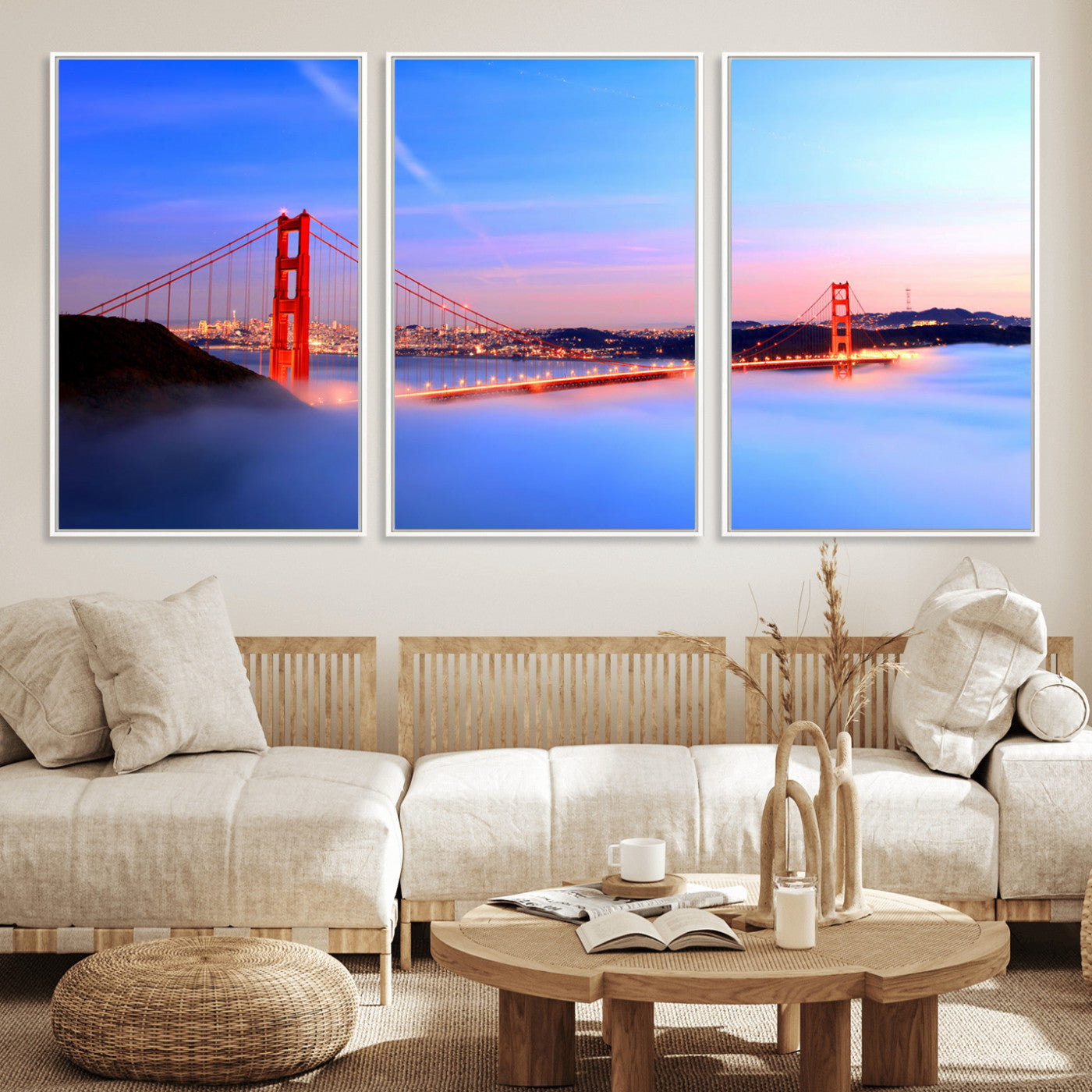 MGV-FC-60X30-3P - Golden Gate Bridge Wall Art Print, San Francisco Sunset Canvas Wall Art, Cityscape Canvas Print for
