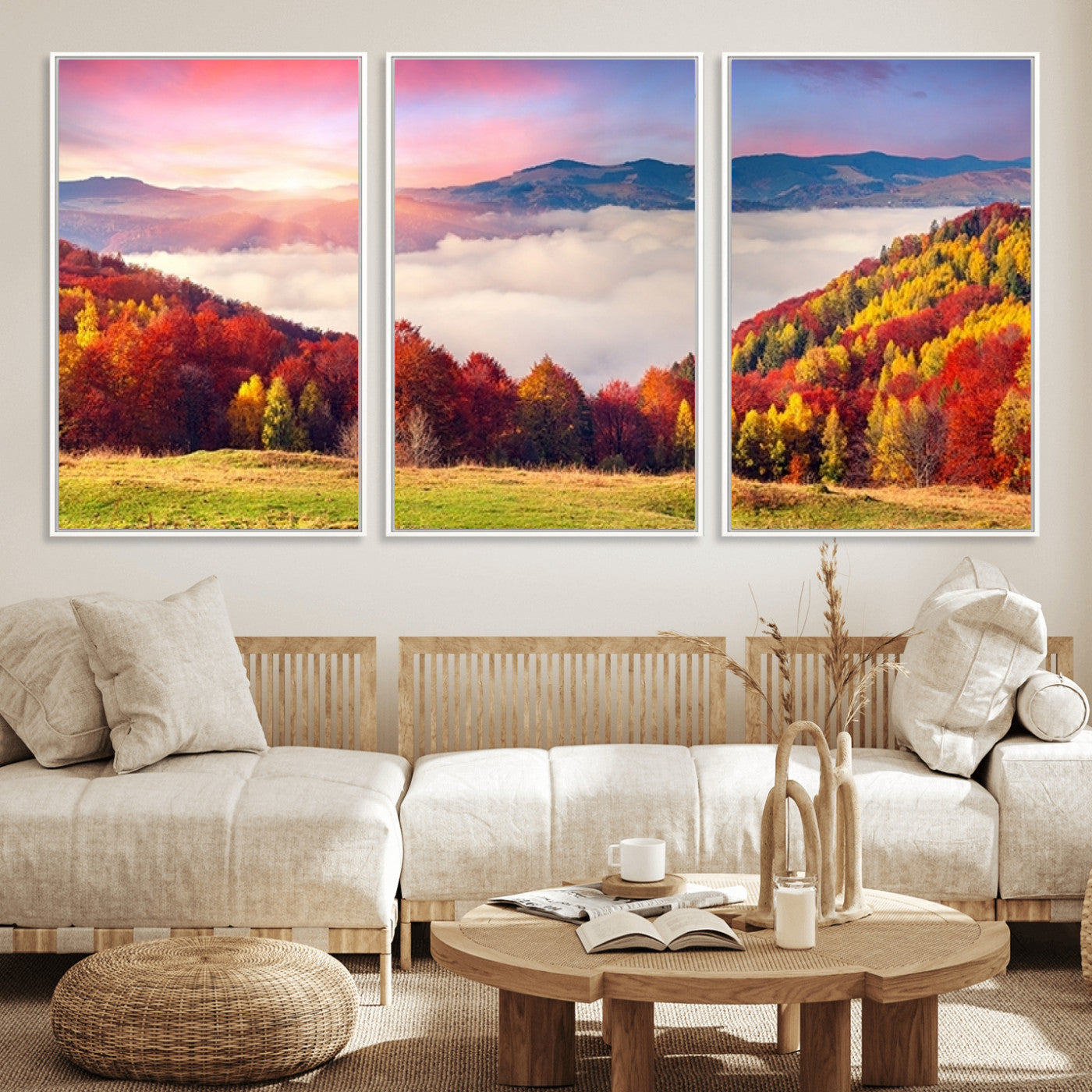 MGV-FC-60X30-3P - Autumn Mountain Foggy Landscape Wall Art Canvas Print | Beautiful Forest Canvas Print | Misty
