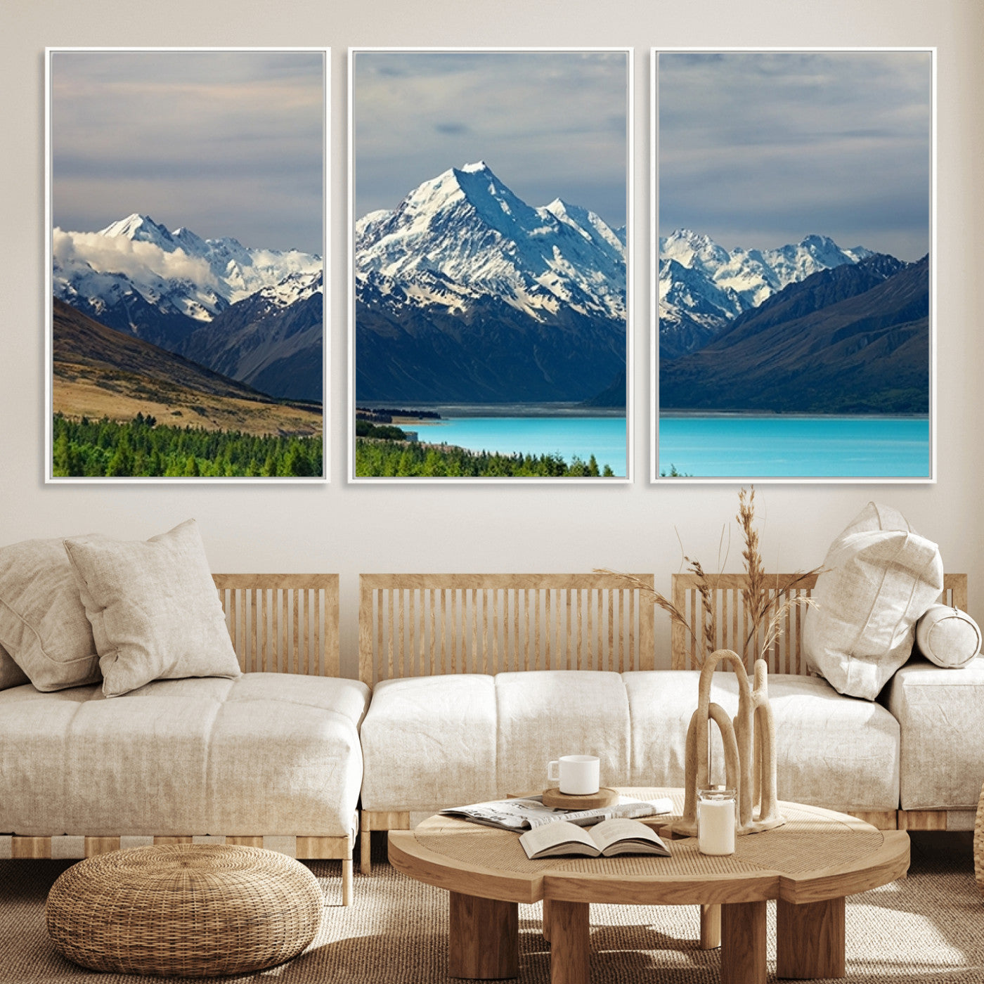 MGV-FC-60X30-3P - Mount Cook and Lake Pukaki Canvas Wall Art Print – Majestic Snow-Capped Peaks and Serene Lake Wall