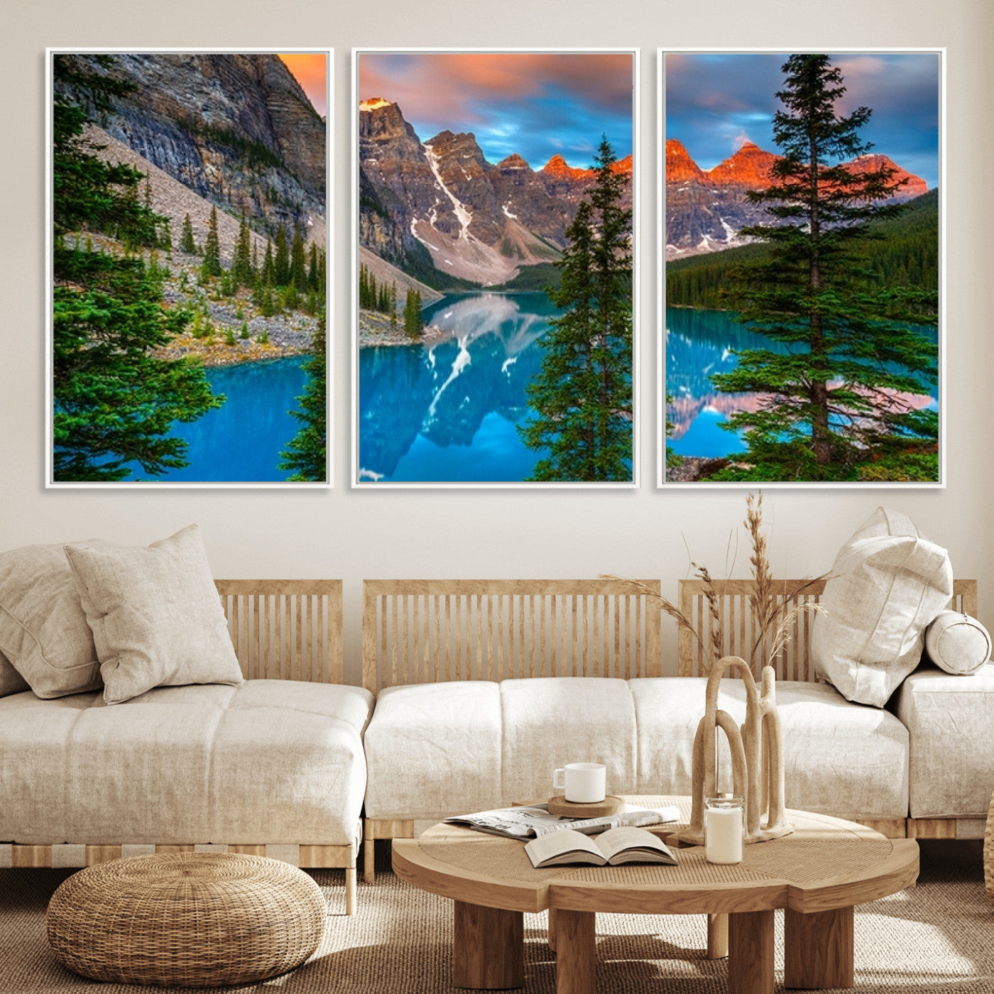 MGV-FC-60X30-3P - Canadian Rockies Moraine Lake Wall Art Canvas Print, Pine Trees Mountain Spring Canvas Print