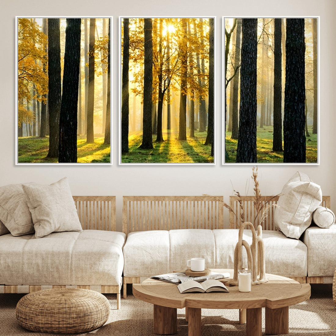 Sunlit Forest Wall Art Canvas Print, Large Framed Woodland Scene with Golden Light
