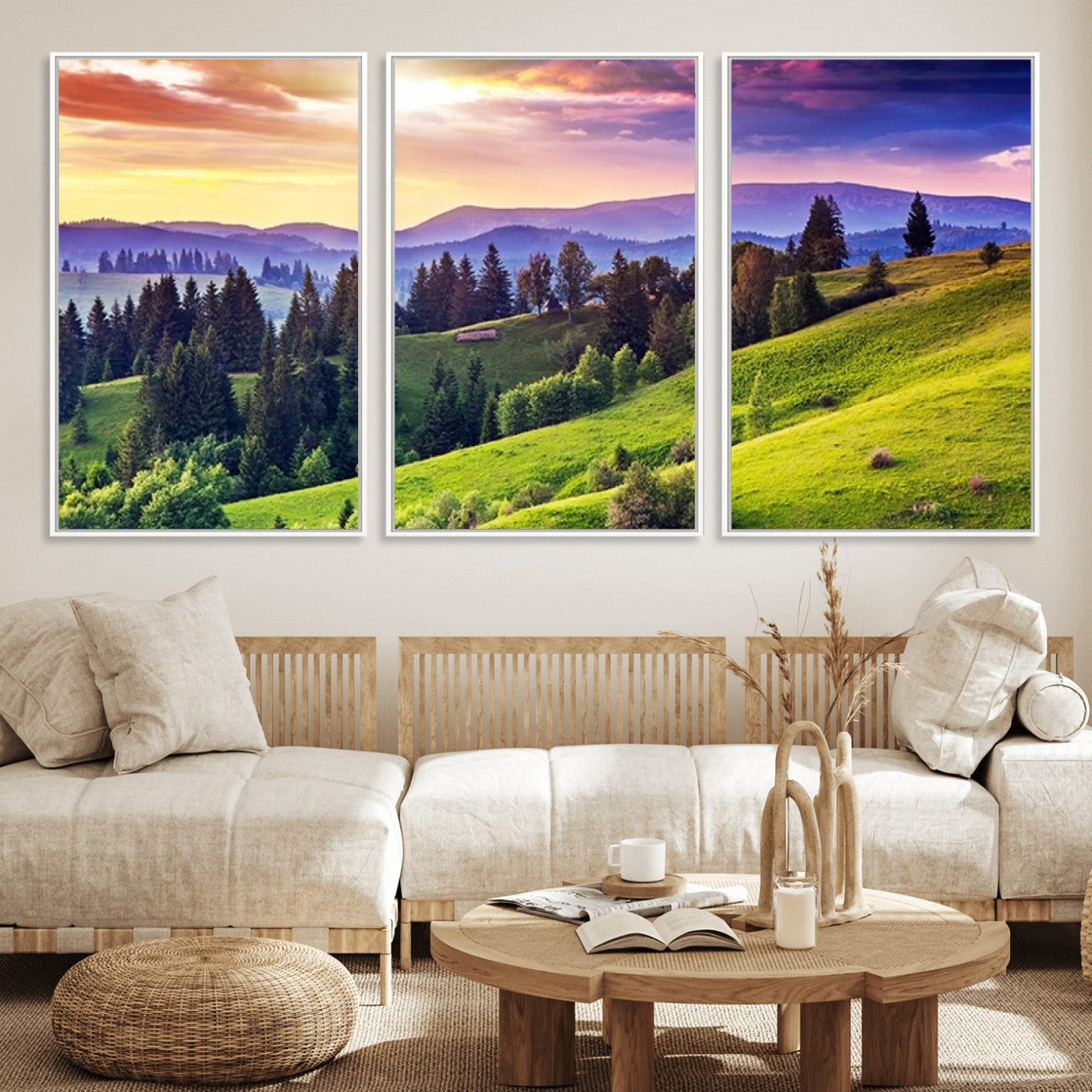 MGV-FC-60X30-3P - Green Hills and Sunset Wall Art Print - Scenic Landscape with Lush Greenery and Vibrant Sky, Ready