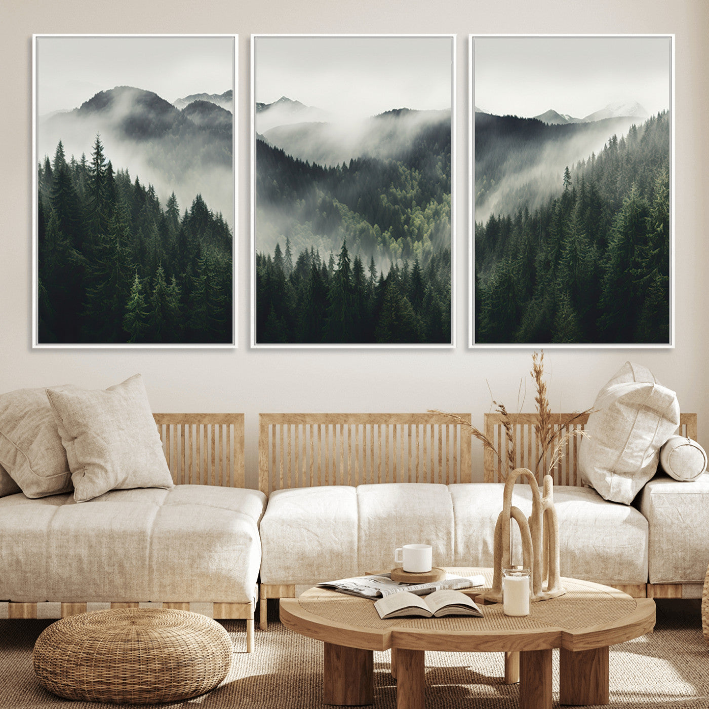 MGV-FC-60X30-3P - Misty Forest Canvas Print Wall Art Premium Canvas Print a Foggy and Serene Atmosphere