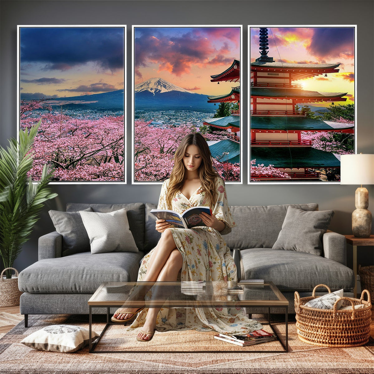 95987-MGV-CV-24X16 - Cherry Blossoms Canvas Print, Chureito Pagoda and Mount Fuji Wall Art