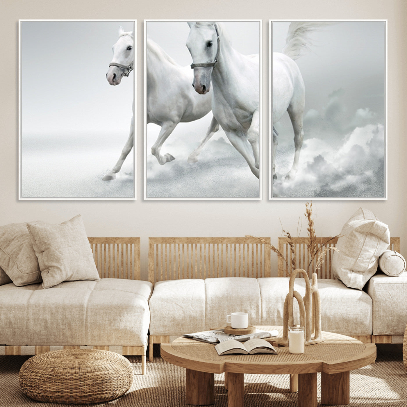 MGV-FC-60X30-3P - Large Wall Art Animal Canvas Print - Beautiful Running White Horses